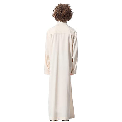 IDOPIP Muslim Thobe for Boys Kids Long Sleeve Islamic Arabic Kaftan Robe Middle East Dubai Prayer Dress Clothes with Pockets - color: Beige, size: 5-6 Years