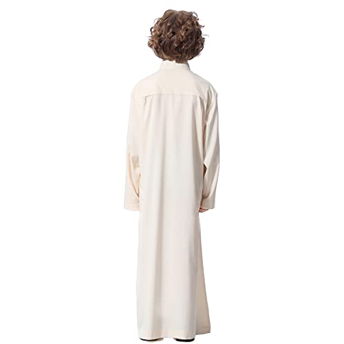IDOPIP Muslim Thobe for Boys Kids Long Sleeve Islamic Arabic Kaftan Robe Middle East Dubai Prayer Dress Clothes with Pockets - color: Beige, size: 13-14 Years