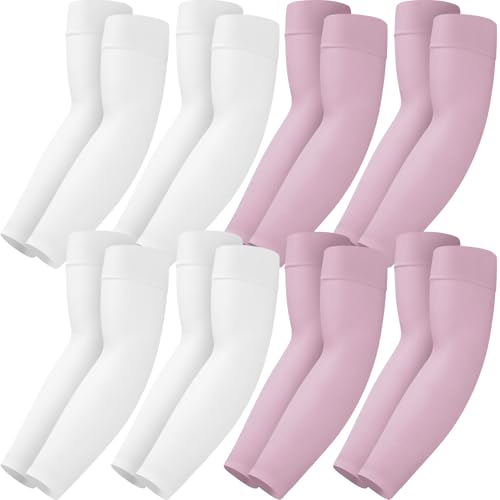 Mochabao 8 Pairs Soft Arm Sleeves, UV Sun Protection Cooling Compression Arm Covers for Outdoor Work, Sports, Men & Women - color: 4 White + 4 Purple