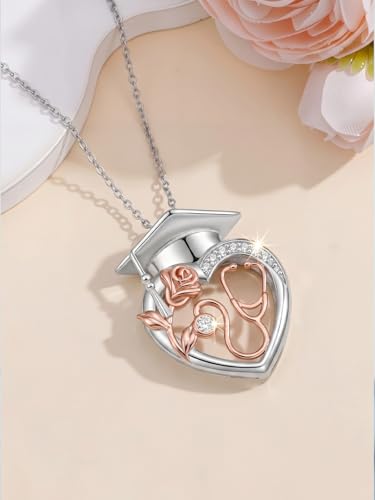 Graduation Gifts for Women 925 Sterling Silver Compass/Graduation/Vet/Cross/Stethoscope Necklace for Women - color: Graduation-Nurse-Stethoscope