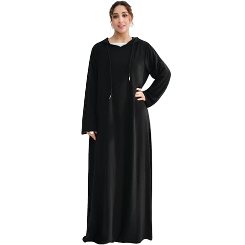 Muslim Abaya Dress for Women Lightweight Hoody Pockets Islamic Prayer Robe - color: Black, size: Small