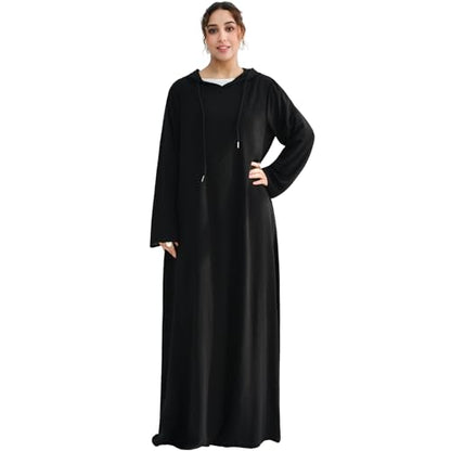 Muslim Abaya Dress for Women Lightweight Hoody Pockets Islamic Prayer Robe - color: Black, size: Small