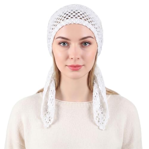 Women Slip-On Pre-Tied Beanie Headwear, Turban Covering Wrap Beanie Caps Headscarf, Stretchy Elastic Band Headwrap - color: White