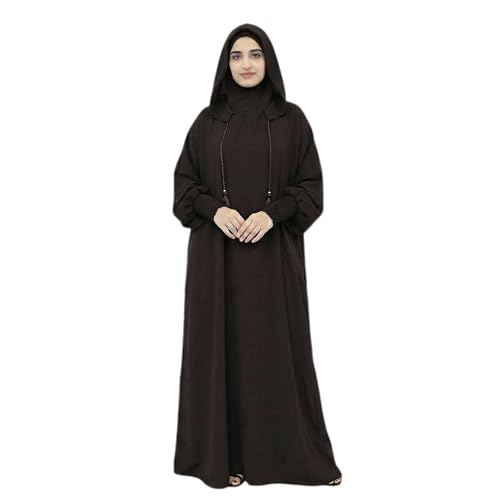 Abaya Muslim Dress Women Prayer Dress Long Sleeve Hooded Loose Maxi Dress Arabian Dubai Islamic Clothes - color: Dark Coffee