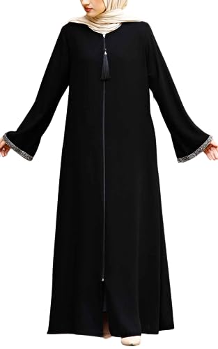 istanbul styles Women's Stone Sleeves Abaya Long Sleeve Floor Length Zipper Floor Length Turkey Islamic Fashion - color: Black, size: XX-Large