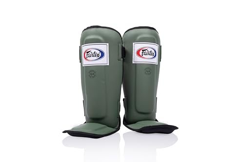 Fairtex SP3 Lightweight Shin Guards, Muay Thai MMA Avoid Shin Splints Gear | Featherweight synthetic shell with high-density padding. Articulated lower-leg armor enhances mobility and leg protection - color: Green Olive, size: X-Large