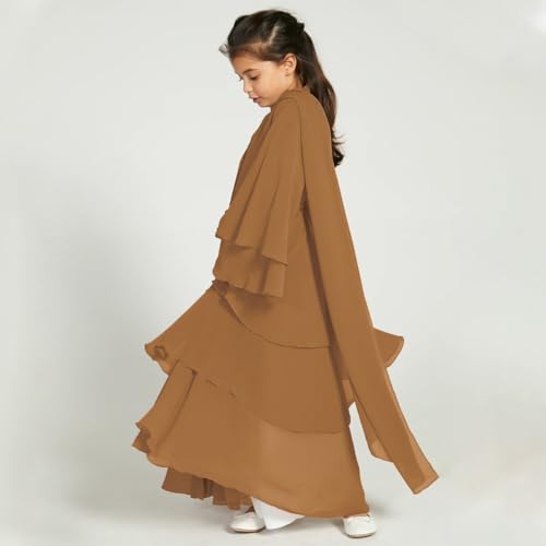 Chiffon layered Open Abaya Dubai Kaftan Muslim Cardigan Abayas Dresses For Girls Casual Robe Kimono Islam Clothing - color: Camel Brown, size: 13-14 Years