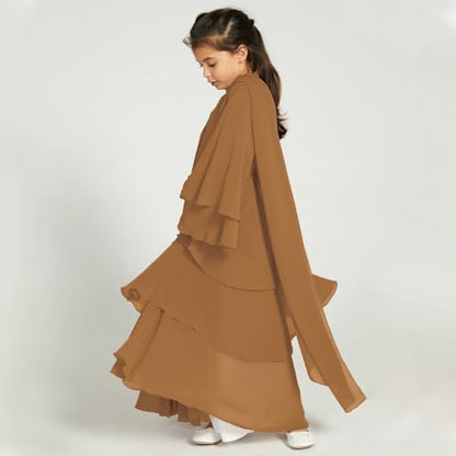 Chiffon layered Open Abaya Dubai Kaftan Muslim Cardigan Abayas Dresses For Girls Casual Robe Kimono Islam Clothing - color: Camel Brown, size: 13-14 Years