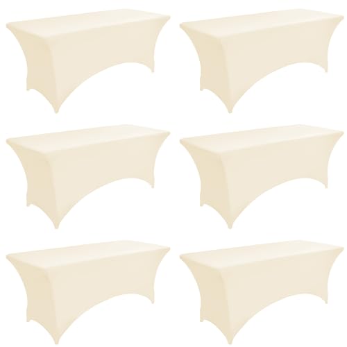 6-Pack 6ft Spandex Table Covers for Rectangle Standard Folding Tables - Wrinkle Resistant Stretch Tablecloths - Ultimate Fitted Table Protector for Parties, Trade Shows, Wedding - color: Beige, size: 6-foot | 6-pack