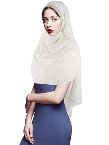 Geyoga Hijab Scarf for Women Soft Chiffon Rhinestone Long Scarf Shawl Fashion Muslim Hijab Head Wrap Scarves - color: Beige
