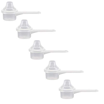 Measuring Scoop & Funnel - No Cap Open Spoons 5-Pack 5cc | Universal open design measuring spoon, Built-in funnel neck pour spout, Quick access cup for coffee powders and baking - size: 5 cc | 1 Teaspoon | 1/3 Tablespoon | 5 mL