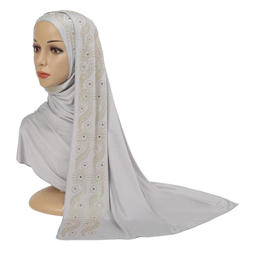 Muslim Women Shiny Rhinestone Hijab Head Wrap Long Scarf Shawl - color: Grey