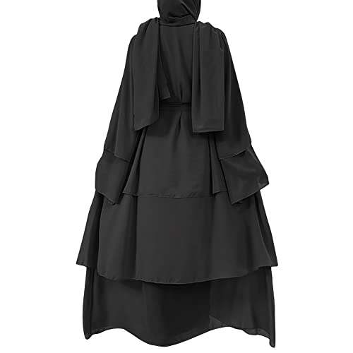Muslim Chiffon Abaya for Women Open Front Cardigan Modest Dress with Hijab Scarf Middle East Arabian Robe Islamic Long Dress - color: Black, size: X-Large