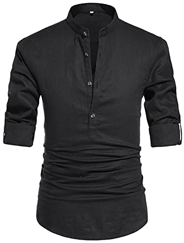 NITAGUT Men Henley Neck Long Sleeve Daily Look Linen Shirts - color: Black, size: Small