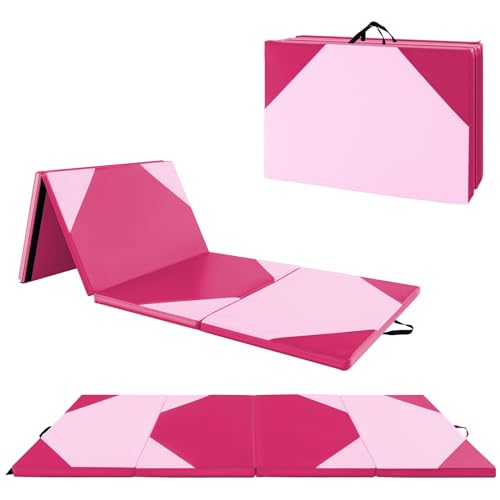 Giantex 4'x10'x 2" Gymnastics Mat, 4-Panel Folding Aerobics Exercise Mat w/Hook & Loop Fastener, Carrying Handle, Portable Tumbling Mat for Stretching Yoga Cheerleading Martial Arts