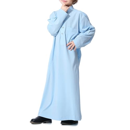 Arabic Thobe For Muslim Boys Robes Long Sleeve Kaftan With Pockets Solid Color Middle East Abayas Dubai Clothing 3-14T - color: Sky Blue, size: 13-14 Years