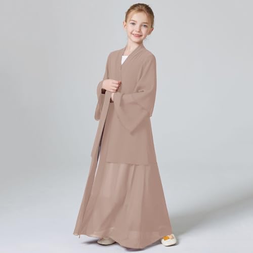 Kids Abaya Dress for Girls Muslim Dress with Hijab Chiffon Layered Open Front Cardigan Ramadan Eid Kaftans Dubai Outfit - color: Light Brown, size: 4-5 Years