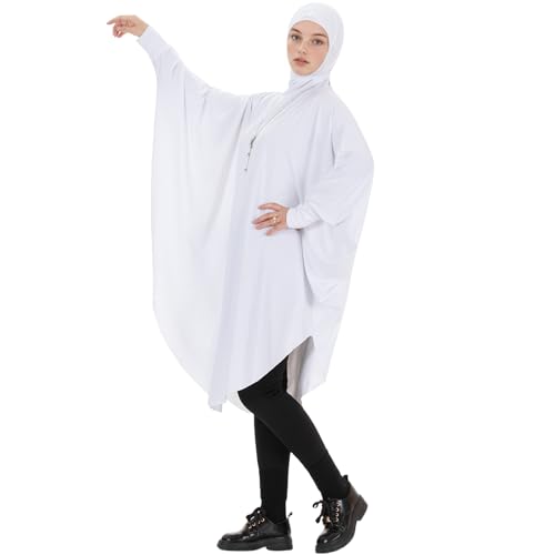 Muslim Abaya Dress for Women Highly Stretchy Batwing Hooded Prayer Hijab - color: White, size: Large
