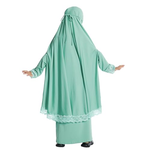 IBTOM CASTLE Little Girls Muslim Prayer Dress Abaya Long Sleeve Full Cover Lace Hijab Kaftan Dubai Islamic Modest Eid Jilbab - color: Green, size: 5-6 Years