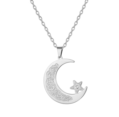 Islamic Ayatul Kursi Necklace Muslim Crescent Moon and Star Pendant Arabic Calligraphy Allah Amulet Religious Jewelry Eid Ramadan Gift for Women Men - color: silver