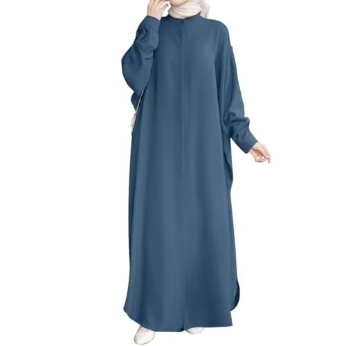 AWIBMK Women Abayas Dubai Kaftan Henley Shirt Prayer Maxi Dress Muslim Batwing Sleeve Ramadan Islamic Clothes - color: Blue