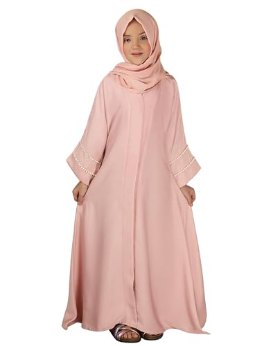 ABEWIP Girls Muslim Dress Chiffon Kaftan Maxi Dress Cardigan Robe Islamic Modest Hijab Dress for Girls with Pockets - color: Pink, size: 7-8 Years
