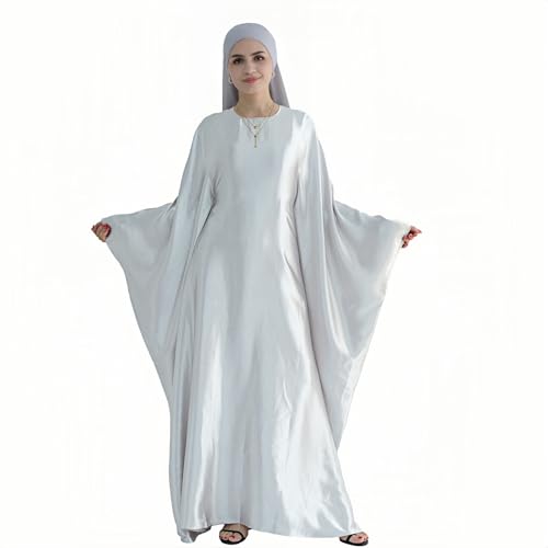 Abaya Muslim Women Dress Satin Batwing Sleeve Kaftan Maxi Arabian Dubai Islamic Ramadan Prayer Dress with Hijab Scarf - color: Grey