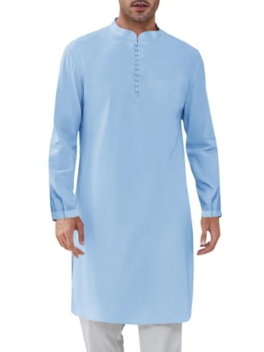 Runcati Mens Kaftan Thobe Button Down Henley Shirts Robe Long Sleeve Casual Cotton Linen Muslim Gown Shirt - color: Blue, size: X-Large