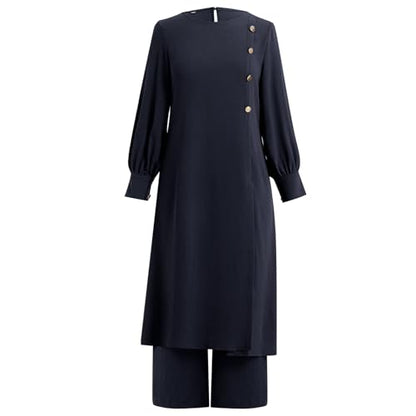 IDOPIP Abaya Dress for Women Muslim Set Long Sleeve Ramadan Islamic Dress Shirt with Pants 2PCS Dubai Prayer Casual Clothes - color: Navy Blue - Split, size: X-Large