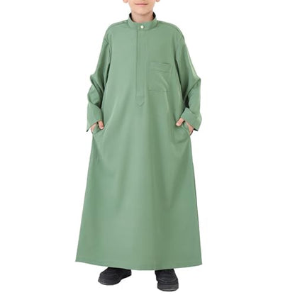 Boys Muslim Abaya Thobe Long Sleeve Cotton Islamic Prayer Kaftan Clothes Teen Kids Ramadan Plain Soft Festive Thobe - color: Green, size: 9-10 Years