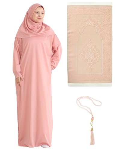 Prien Women Prayer Dress With Hijab Rug Tasbih Muslim Set Islamic Clothes Abaya Jilbab Dubai Kaftan For Eid Ramadan - color: Rose