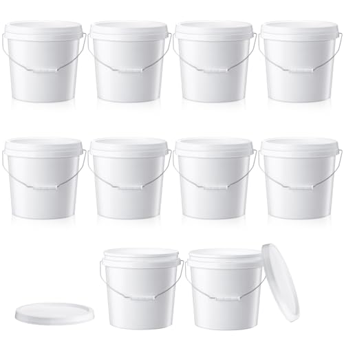 Tioncy 10 Pcs 2 Gallon Plastic Buckets with Lids and Handles,White | Storage Pails for Paint, Cleaning, Organizing, Durable Containers, Metal Handles, Plastic Material - color: White