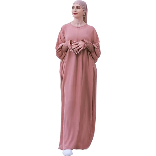 Lenmipot Islamic Women Jilbab Abayas Muslim Abaya Dress for Women Middle East Kaftan Dubai Dress Eid Prayer Clothes - color: Pink