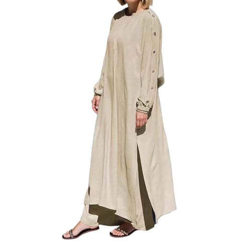 Muslim Dress Women Prayer Dresses Plus Size Maxi Dress Summer Casual Long Sleeve Flowy Long Sundresses - color: Beige, size: 3X-Large