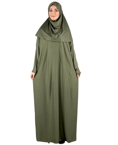 Women Prayer Clothes with Hijab Muslim Outfits Long Robe Abaya Turkish Islamic Dresses Dubai Kaftan with Rosary - color: Khaki