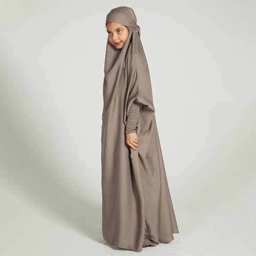 ODIZLI Muslim One Piece Prayer Hijab Dress Women Hooded Abaya Full Cover Islam Dubai Modest Robe - color: Gray Kids, size: 6-7 Years
