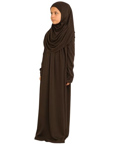 Prien Kids Prayer Dress Muslim Clothes for Girls Long Sleeve Abaya with Hijab Two Piece Maxi Islamic Set Scarf Kaftan Jilbab - color: Brown