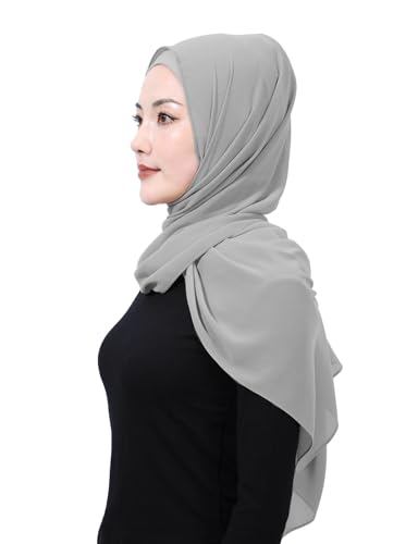 Matched Hijab and Undercap Set, Chiffon Muslim Head Scarf for Women, A Perfectly Decent Combination - color: Light Gray