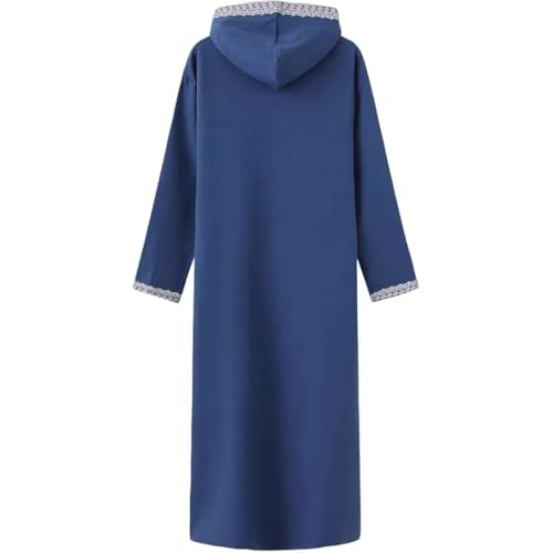 Men's Hooded Thobe - Traditional Embroidered Muslim Islamic Kaftan, Half-Zip Middle Eastern Arabic Robe - color: Blue, size: Small