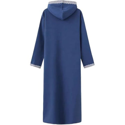 Men's Hooded Thobe - Traditional Embroidered Muslim Islamic Kaftan, Half-Zip Middle Eastern Arabic Robe - color: Blue, size: XX-Large