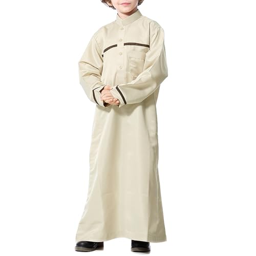 Muslim Thobe for Boys Islamic Clothing Long Sleeve Kaftan 𝐑obe Arabic Dress Kids Boys Prayer Dress Ramadan Eid Outfit - color: Beige, size: 13-14 Years