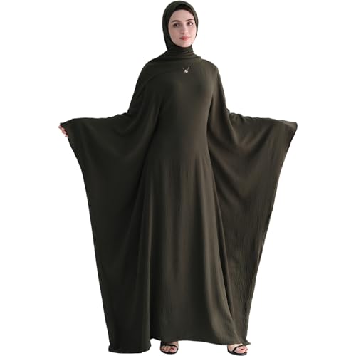 Muslim Abaya Dress Women Middle East Arabian Prayer Robe Batwing Maxi Kaftan Abaya Dress with Hijab - color: Army Green