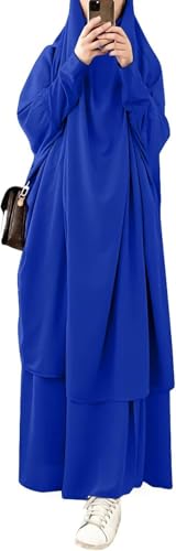 Womens Muslim Abaya Solid Prayer Dress Islamic Maxi Kaftan with Hijab Dubai Full Length 2 Piece Dress - color: 1fancy Blue