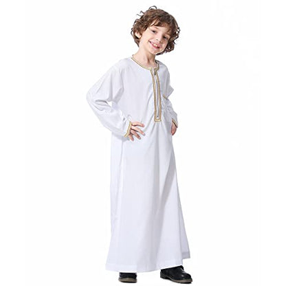 OBEEII Boy's Muslim Arab Solid Color Thobe Long Sleeve Kaftan Embroidered Robe Islamic Arabic Abaya Thobe - color: White, size: 9-10 Years