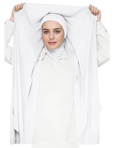 Lina & Lily Flowy Chiffon Instant Hijab Scarf Attached Jersey Ninja Undercap Full Coverage for Muslim Women - color: White