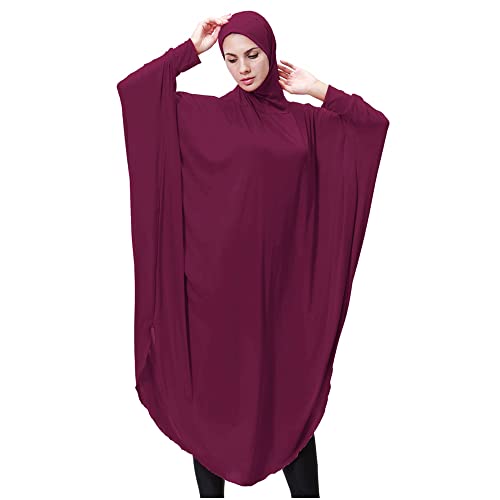 khalat Women's One-Piece Muslim Abaya Dress Large Overhead Prayer Ramadan Long Hijab Dress - color: Wine Red, size: Medium