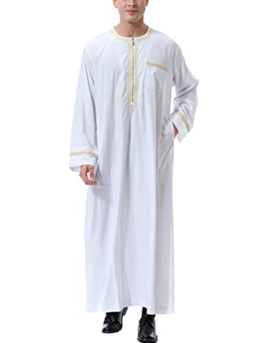 Thobe for Men Muslim Clothing Kaftan Jalabiya Abaya Arab Costume Round Neck Long Sleeve - color: White-7, size: 46
