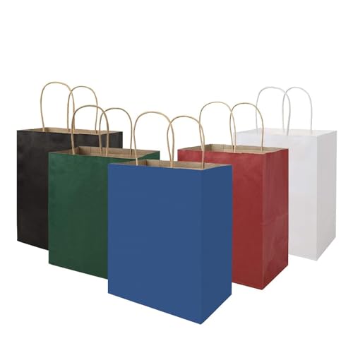 bagmad 100 Pack Multicolour Medium Gift Bags with Handles Bulk, 8x4.75x10 Inch White/Black/Green/Blue/Red Each 20pcs Kraft Birthday Party Favors Grocery Retail Shopping Craft Paper Bags (Multi Colored) - color: Multi