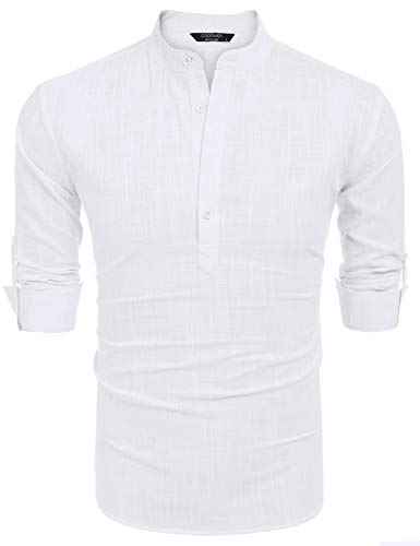 COOFANDY Men's Cotton Linen Henley T-Shirt Long Sleeve Hippie Casual Beach T-Shirts - color: 01-white, size: 5X-Large