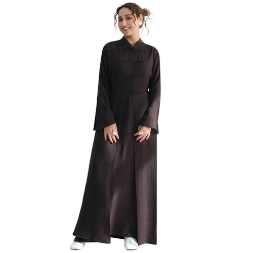 2PCS Women Muslim Abaya Dress Stand Collar Full Coverage Cardigan Dress Set - color: Coffee, size: Medium